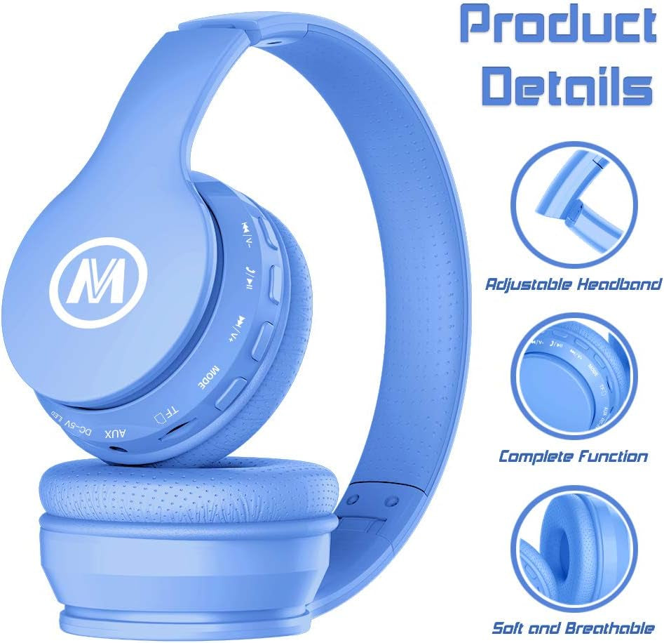 Bluetooth Kids Headphones with 60H Playtime, Volume Limiting, Foldable Design, and Mic - Perfect for School, Tablets, and More - Blue