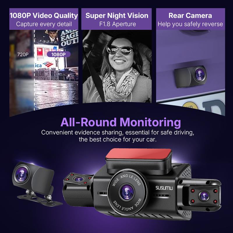 360 Degree View 4 Channel 3" WIFI Dash Cam Front and Rear inside Left Right, Dash Camera with Gravity Sensor 64G Card, Night Vision Vehicle Automotive Outdoorfun