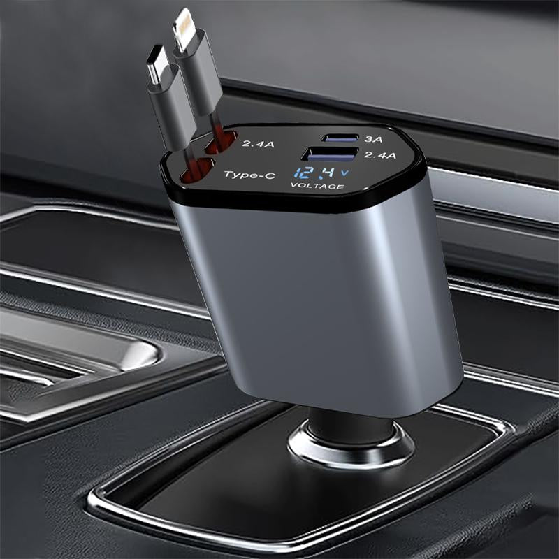Retractable Car Charger 4 in 1(Updated)Usb C Fast Charging Adapter with Dual Charge Port, Lightning Cable, Compatible with Electronic Cellphone Mobile