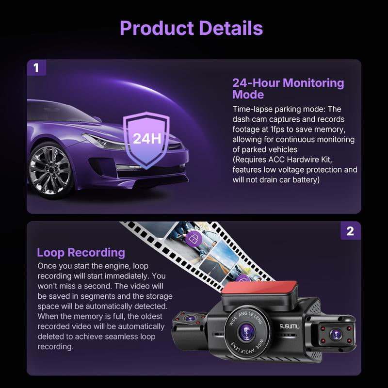 360 Degree View 4 Channel 3" WIFI Dash Cam Front and Rear inside Left Right, Dash Camera with Gravity Sensor 64G Card, Night Vision Vehicle Automotive Outdoorfun