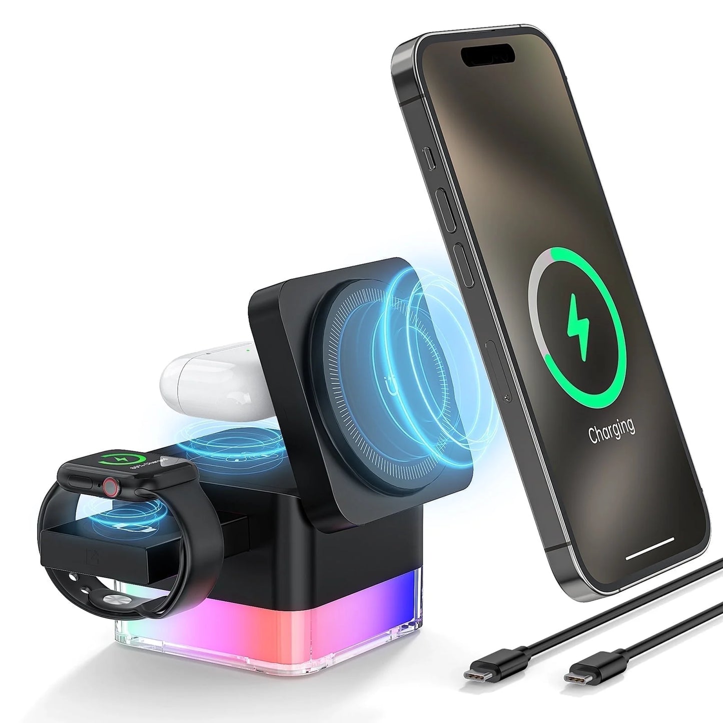 Wireless Charger,  3 in 1 Cube Iphone Wireless Charger Stand, 15W Fast Charging Station, Foldable Wireless Charging Dock for Iphone 16/15/14/13/12, Iwatch S2-10/Ultra, Airpods 2/3/4/Pro