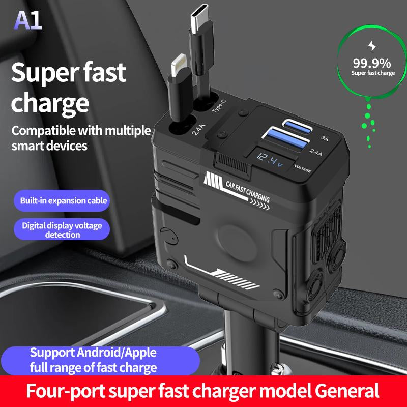 Retractable Car Charger 4 in 1(Updated)Usb C Fast Charging Adapter with Dual Charge Port, Lightning Cable, Compatible with Electronic Cellphone Mobile