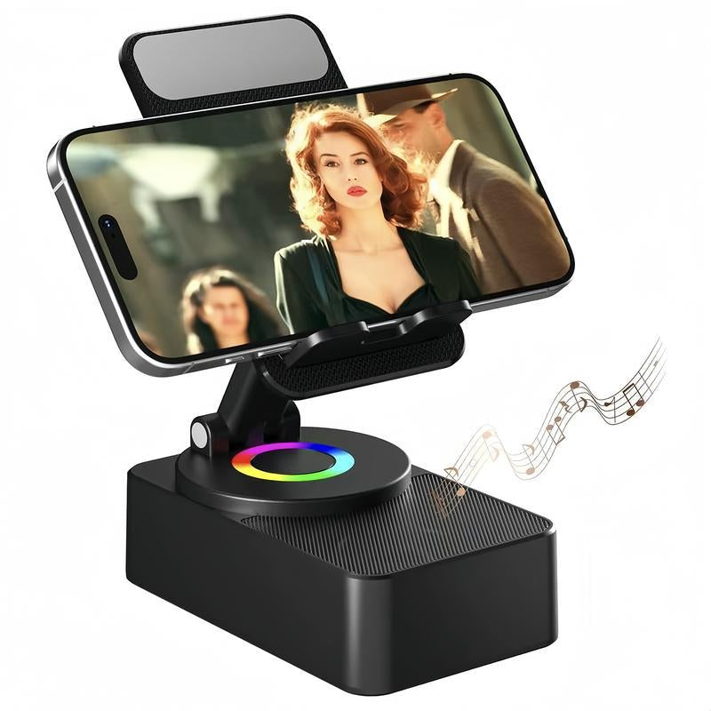 Wireless Audio Bluetooth Speaker 5In1 Phone Holder Emergency Rechargeable Withcolorful Ambient Light 300° Foldable for Tablet Iphone Android, Gifts for Men Women ，Black Rotation Speaker Stand 3 in 1 Wire Les Sound
