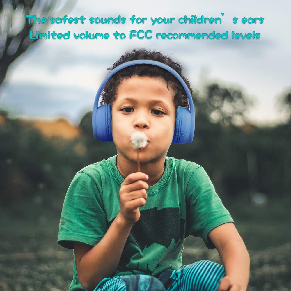 Bluetooth Kids Headphones with 60H Playtime, Volume Limiting, Foldable Design, and Mic - Perfect for School, Tablets, and More - Blue