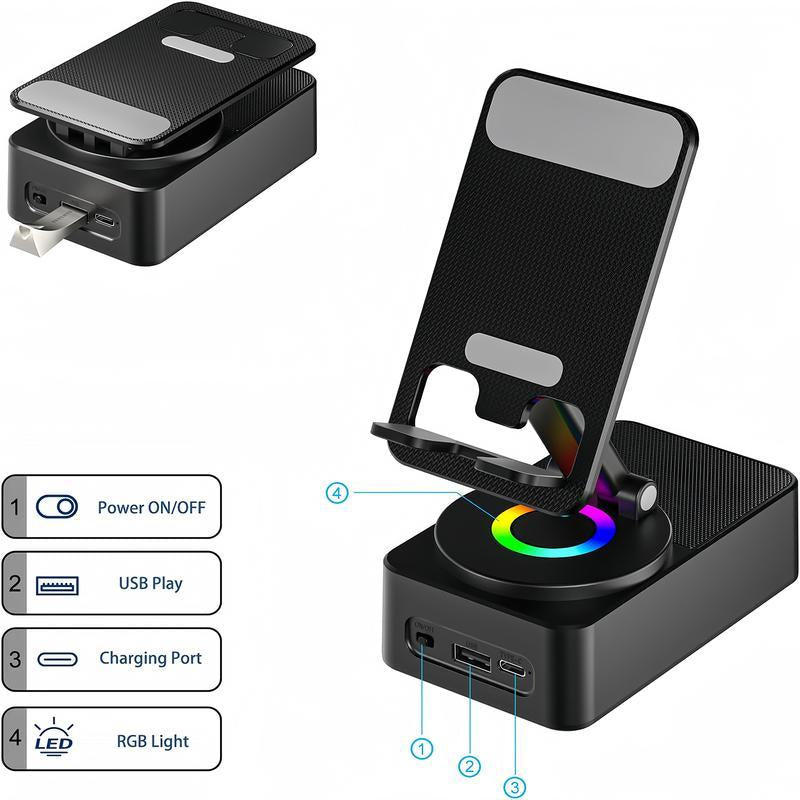 Wireless Audio Bluetooth Speaker 5In1 Phone Holder Emergency Rechargeable Withcolorful Ambient Light 300° Foldable for Tablet Iphone Android, Gifts for Men Women ，Black Rotation Speaker Stand 3 in 1 Wire Les Sound