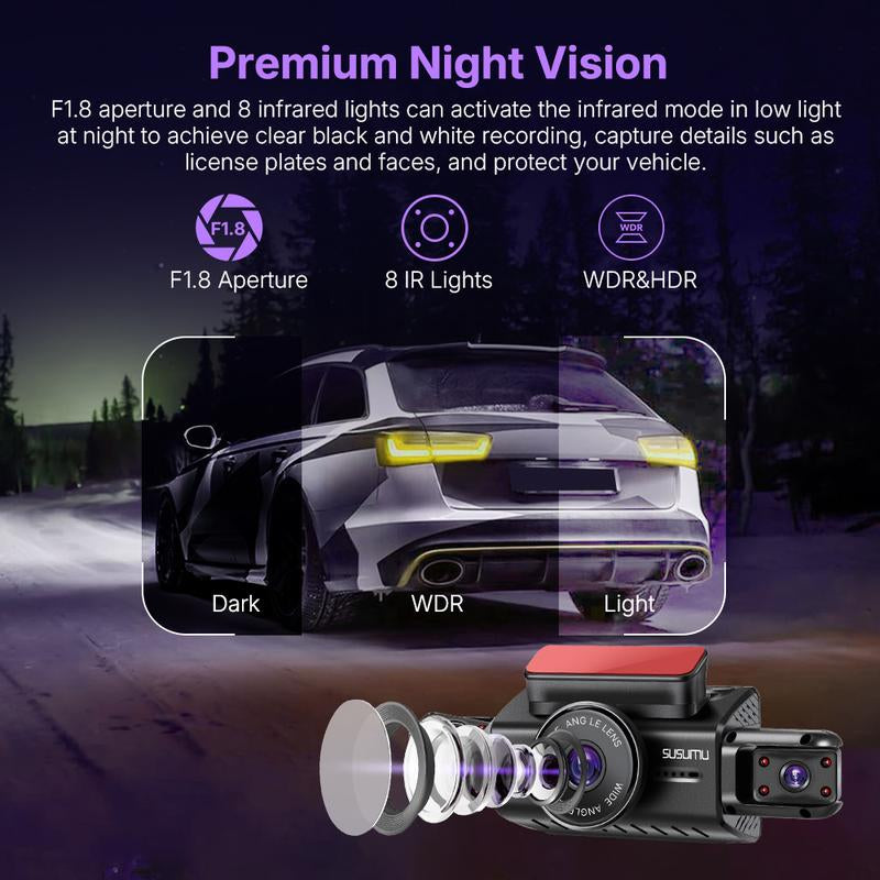 360 Degree View 4 Channel 3" WIFI Dash Cam Front and Rear inside Left Right, Dash Camera with Gravity Sensor 64G Card, Night Vision Vehicle Automotive Outdoorfun