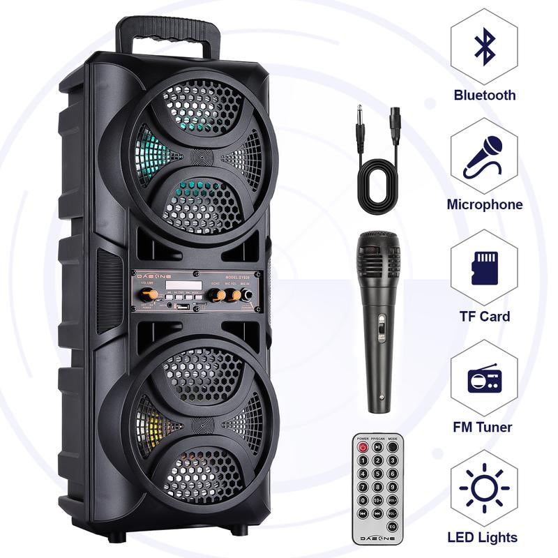 Dazone Bluetooth Karaoke Speaker, Double 6.5“ Subwoofer, Microphone, Remote, FM, MP3 Player, LED Lights. Audio Rechargeable