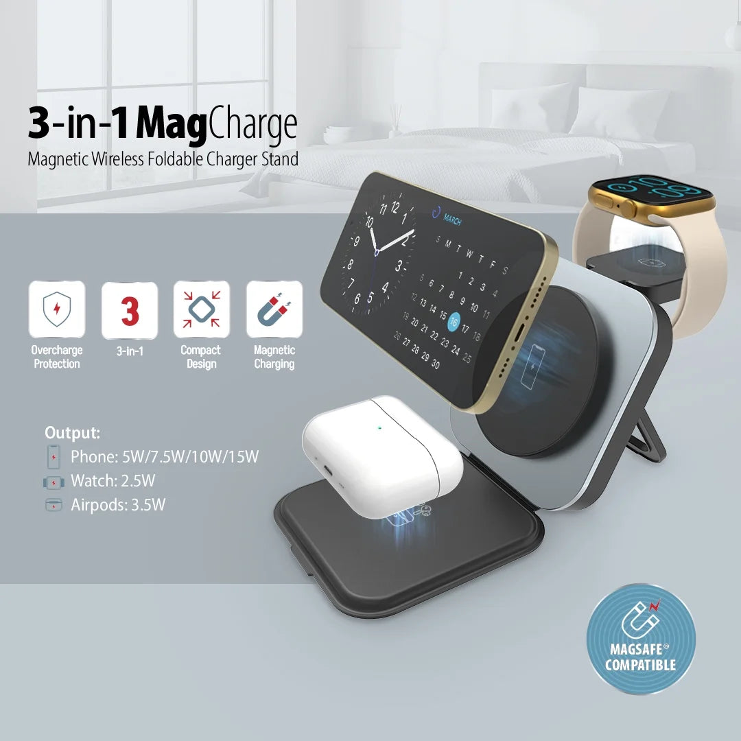 3-In-1 Magnetic Wireless Charger for Smartphone, Apple Watch and Airpods