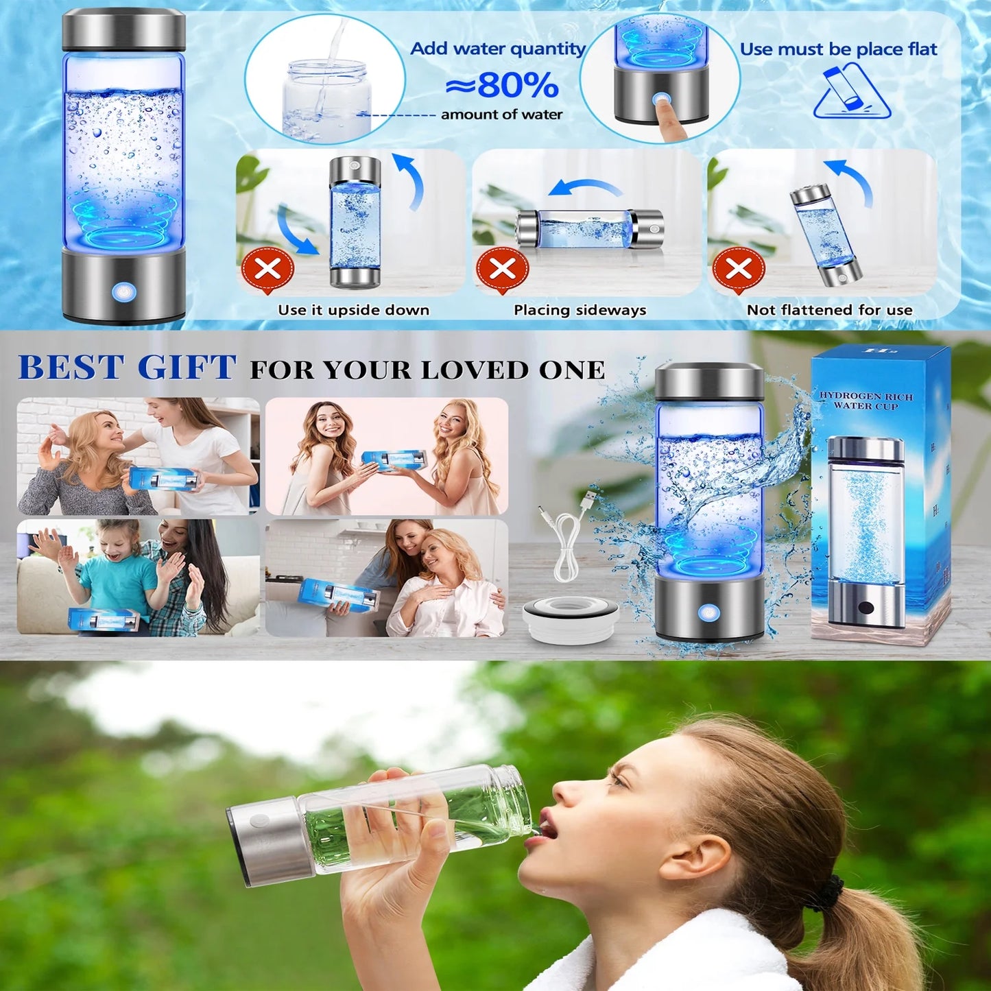 Hydrogen Water Bottle Generator, 3Min Quick Electrolysis, Antioxidant Hydrogen Rich Water Cup with PEM SPE Technology, Hydrogen Water Generator Alkaline Maker, 420Ml Hydrogen Bottle