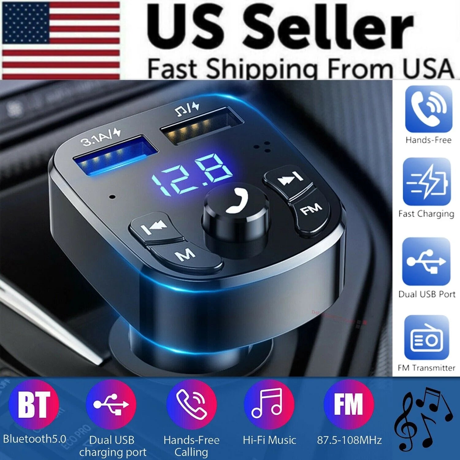 Upgrade Your Drive: Wireless Bluetooth FM Transmitter with MP3, USB Charger & Handsfree Calling
