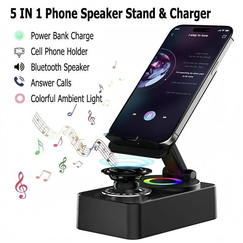 Wireless Audio Bluetooth Speaker 5In1 Phone Holder Emergency Rechargeable Withcolorful Ambient Light 300° Foldable for Tablet Iphone Android, Gifts for Men Women ，Black Rotation Speaker Stand 3 in 1 Wire Les Sound
