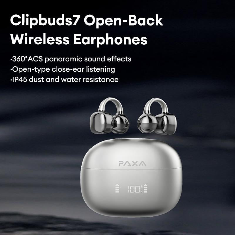PAXA Clipbuds 7 Clip-On Design Wireless Headphones, Powerful Sound Effects for Music, Dustproof & Waterproof Sports Earbuds for Running, Workout, Audio