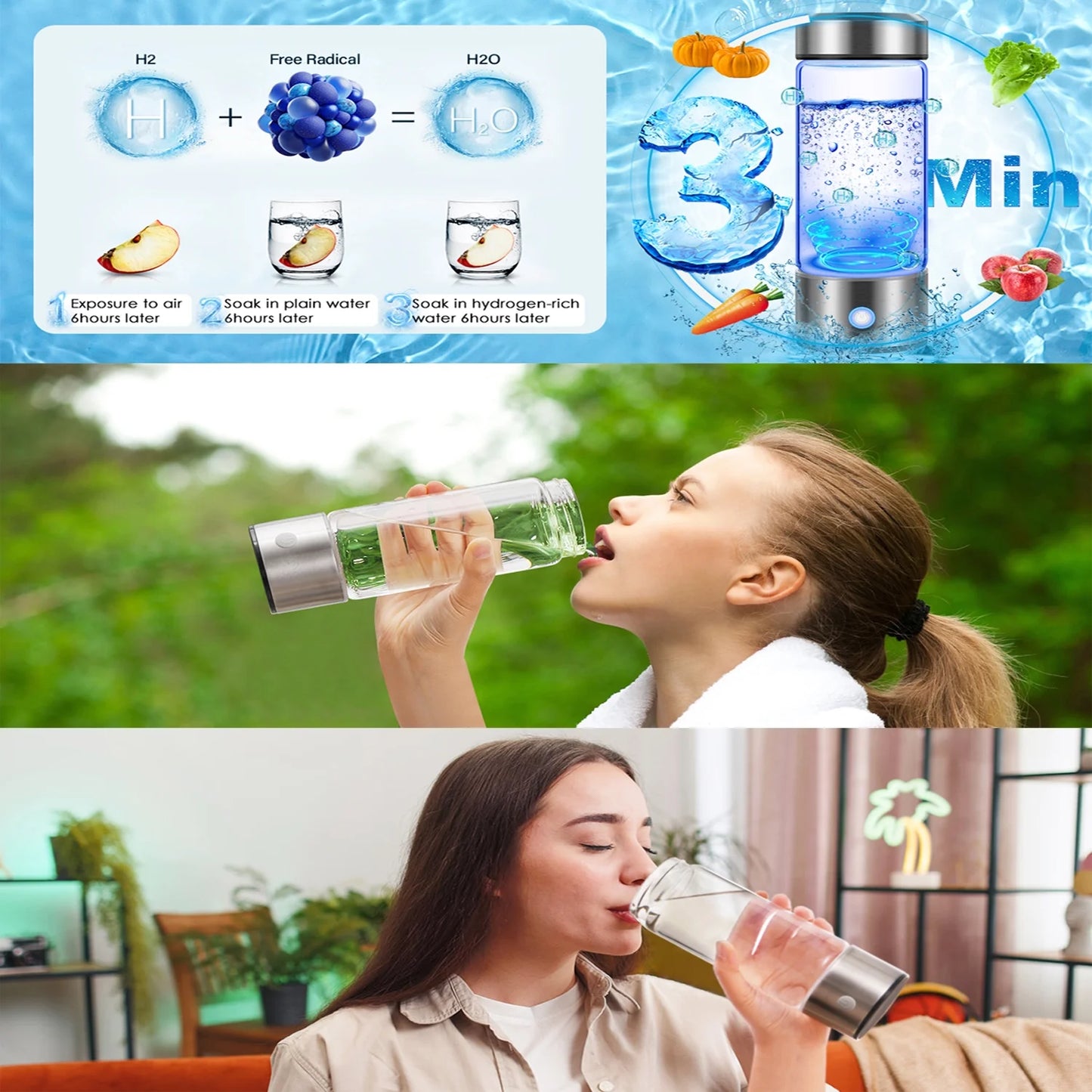 Hydrogen Water Bottle Generator, 3Min Quick Electrolysis, Antioxidant Hydrogen Rich Water Cup with PEM SPE Technology, Hydrogen Water Generator Alkaline Maker, 420Ml Hydrogen Bottle