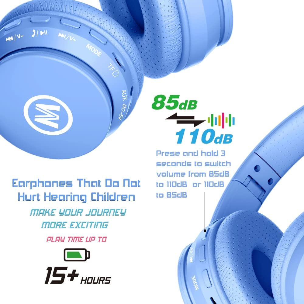 Bluetooth Kids Headphones with 60H Playtime, Volume Limiting, Foldable Design, and Mic - Perfect for School, Tablets, and More - Blue
