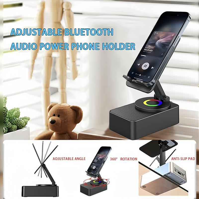 Wireless Audio Bluetooth Speaker 5In1 Phone Holder Emergency Rechargeable Withcolorful Ambient Light 300° Foldable for Tablet Iphone Android, Gifts for Men Women ，Black Rotation Speaker Stand 3 in 1 Wire Les Sound