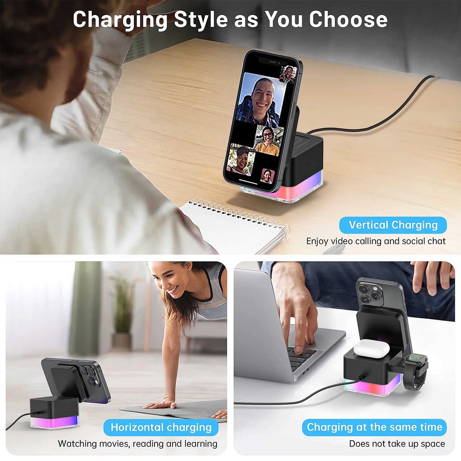 Wireless Charger,  3 in 1 Cube Iphone Wireless Charger Stand, 15W Fast Charging Station, Foldable Wireless Charging Dock for Iphone 16/15/14/13/12, Iwatch S2-10/Ultra, Airpods 2/3/4/Pro