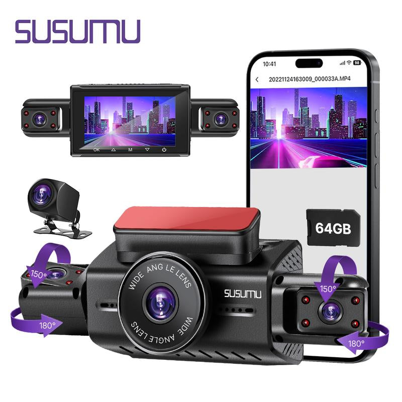 360 Degree View 4 Channel 3" WIFI Dash Cam Front and Rear inside Left Right, Dash Camera with Gravity Sensor 64G Card, Night Vision Vehicle Automotive Outdoorfun