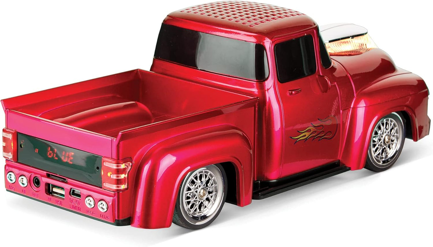Vintage 1956 Pickup Truck Bluetooth Speaker - 3-Inch Sound, Hands-Free, FM Radio & LED Party Lights - Red