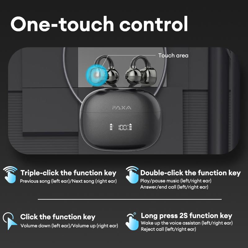 PAXA Clipbuds 7 Clip-On Design Wireless Headphones, Powerful Sound Effects for Music, Dustproof & Waterproof Sports Earbuds for Running, Workout, Audio