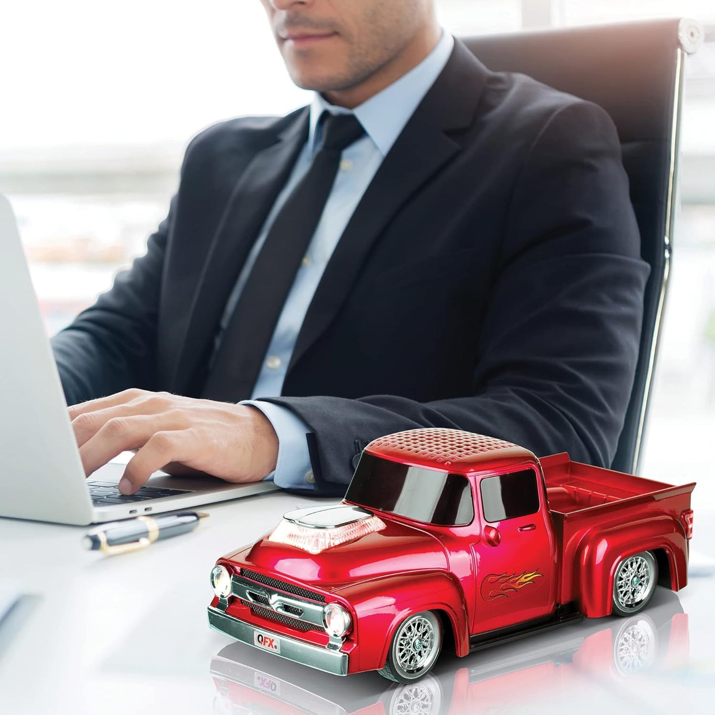 Vintage 1956 Pickup Truck Bluetooth Speaker - 3-Inch Sound, Hands-Free, FM Radio & LED Party Lights - Red