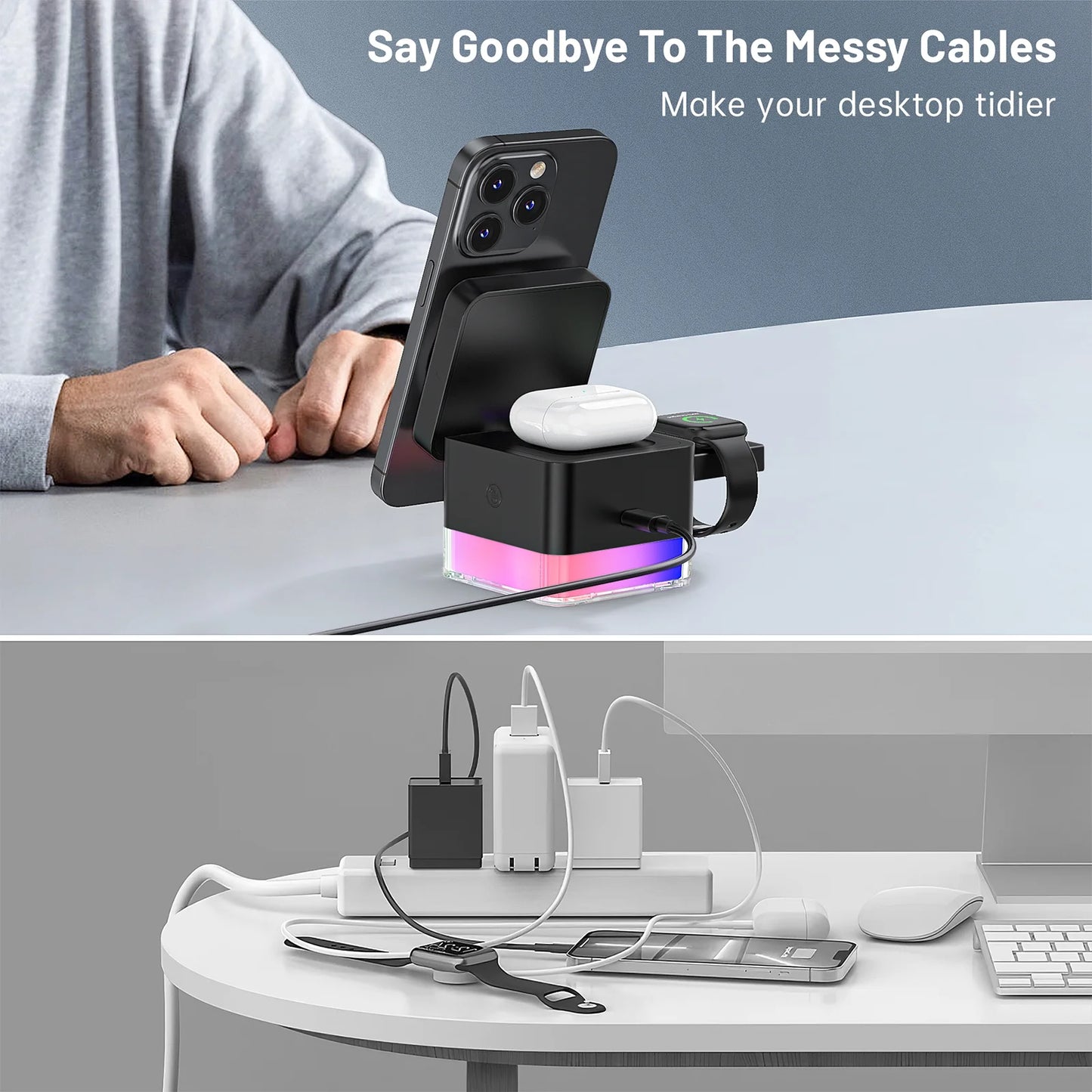 Wireless Charger,  3 in 1 Cube Iphone Wireless Charger Stand, 15W Fast Charging Station, Foldable Wireless Charging Dock for Iphone 16/15/14/13/12, Iwatch S2-10/Ultra, Airpods 2/3/4/Pro