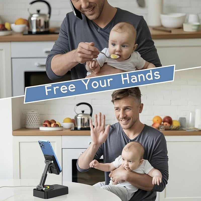 Wireless Audio Bluetooth Speaker 5In1 Phone Holder Emergency Rechargeable Withcolorful Ambient Light 300° Foldable for Tablet Iphone Android, Gifts for Men Women ，Black Rotation Speaker Stand 3 in 1 Wire Les Sound