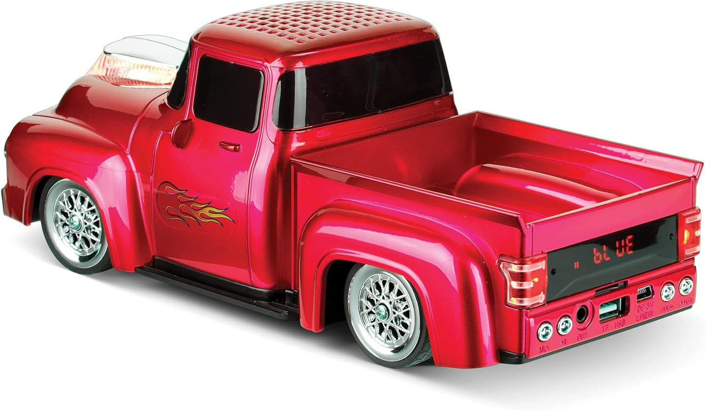 Vintage 1956 Pickup Truck Bluetooth Speaker - 3-Inch Sound, Hands-Free, FM Radio & LED Party Lights - Red