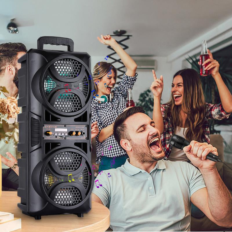 Dazone Bluetooth Karaoke Speaker, Double 6.5“ Subwoofer, Microphone, Remote, FM, MP3 Player, LED Lights. Audio Rechargeable