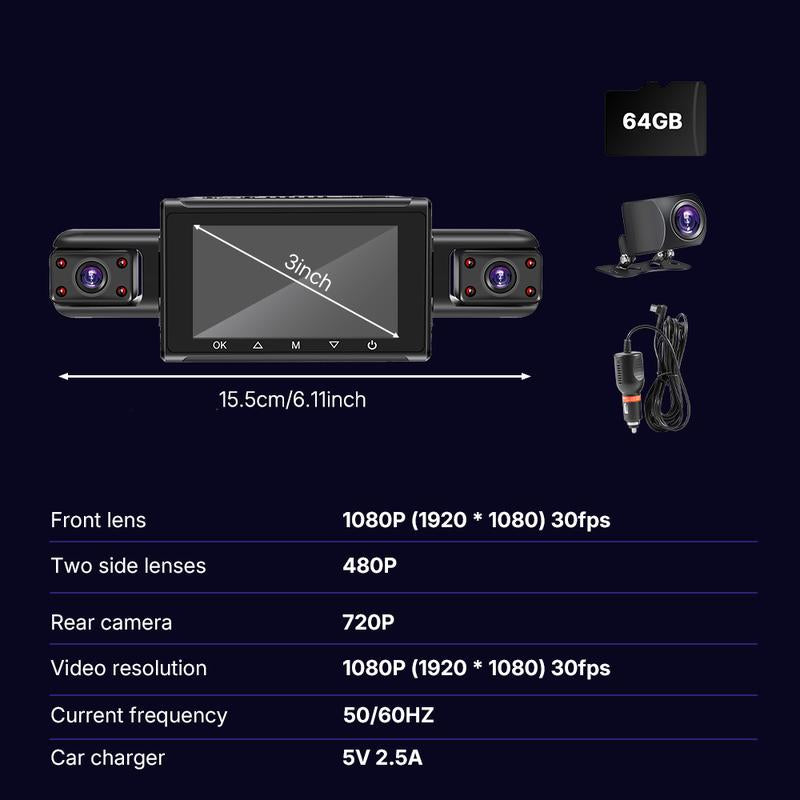 360 Degree View 4 Channel 3" WIFI Dash Cam Front and Rear inside Left Right, Dash Camera with Gravity Sensor 64G Card, Night Vision Vehicle Automotive Outdoorfun