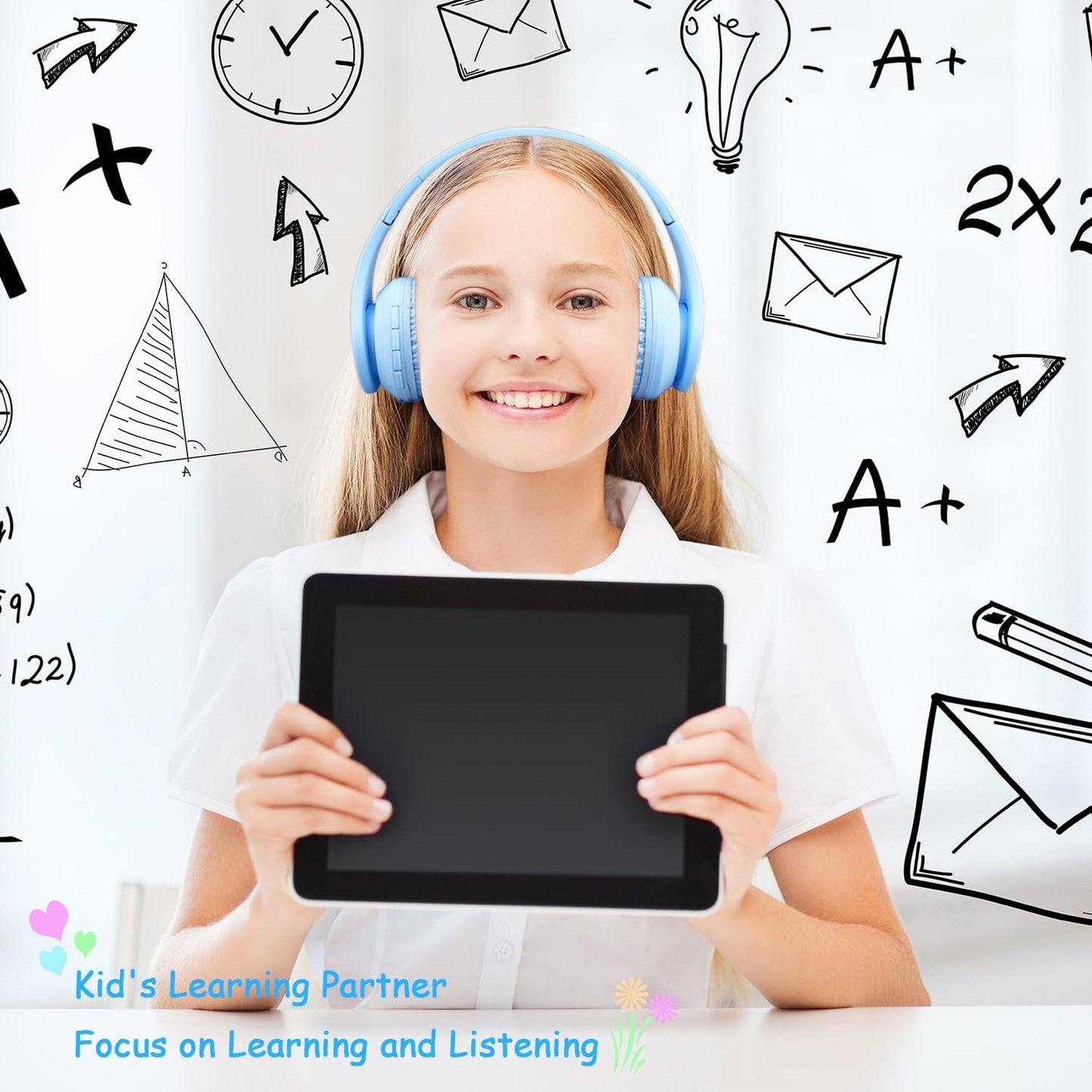 Bluetooth Kids Headphones with 60H Playtime, Volume Limiting, Foldable Design, and Mic - Perfect for School, Tablets, and More - Blue