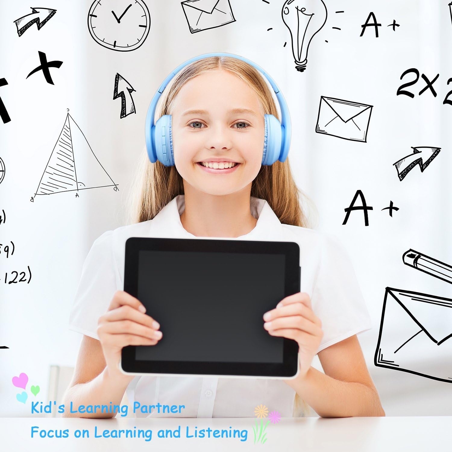 Bluetooth Kids Headphones with 60H Playtime, Volume Limiting, Foldable Design, and Mic - Perfect for School, Tablets, and More - Blue