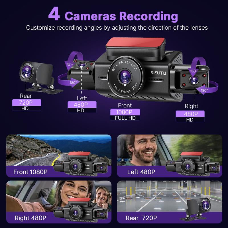 360 Degree View 4 Channel 3" WIFI Dash Cam Front and Rear inside Left Right, Dash Camera with Gravity Sensor 64G Card, Night Vision Vehicle Automotive Outdoorfun