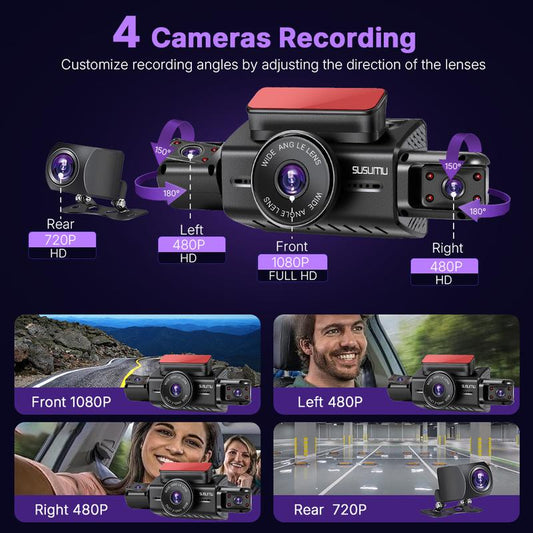 360 Degree View 4 Channel 3" WIFI Dash Cam Front and Rear inside Left Right, Dash Camera with Gravity Sensor 64G Card, Night Vision Vehicle Automotive Outdoorfun