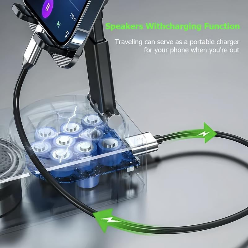 Wireless Audio Bluetooth Speaker 5In1 Phone Holder Emergency Rechargeable Withcolorful Ambient Light 300° Foldable for Tablet Iphone Android, Gifts for Men Women ，Black Rotation Speaker Stand 3 in 1 Wire Les Sound