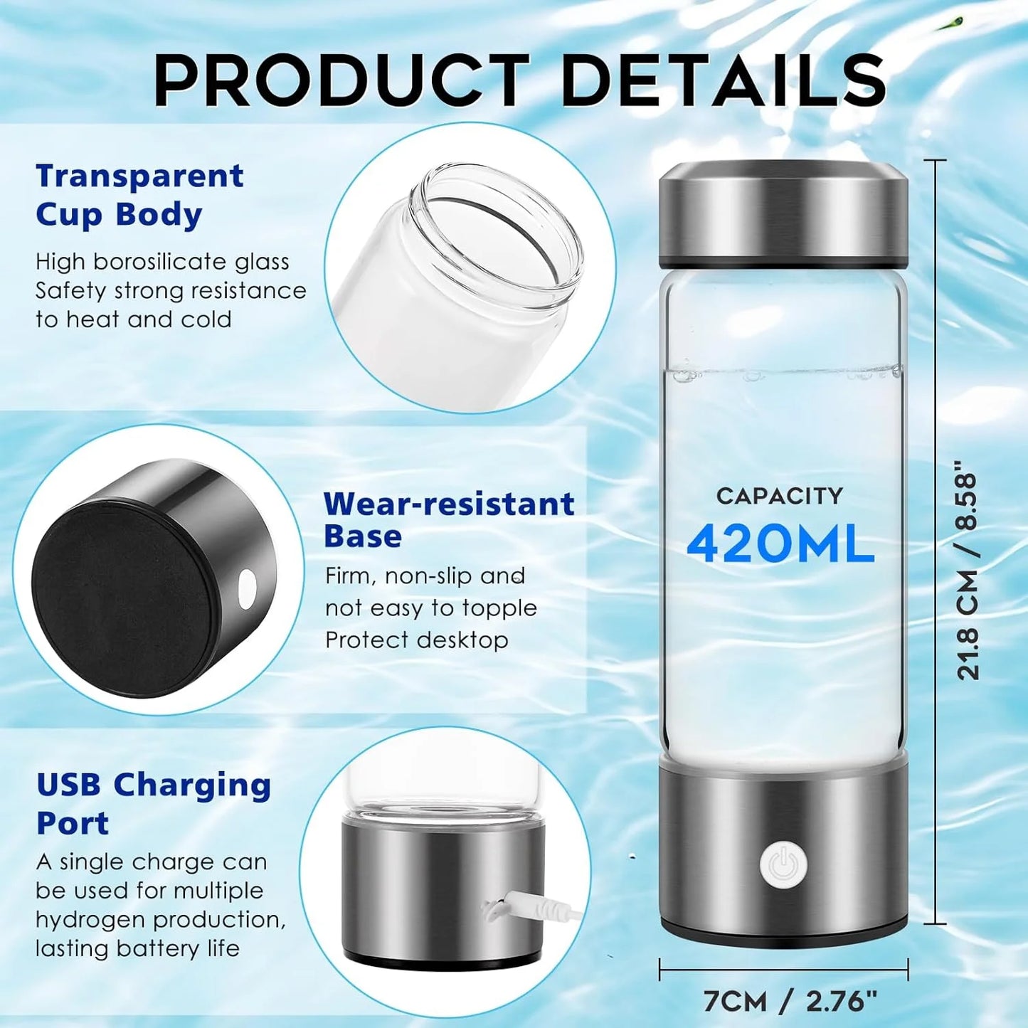 Hydrogen Water Bottle Generator, 3Min Quick Electrolysis, Antioxidant Hydrogen Rich Water Cup with PEM SPE Technology, Hydrogen Water Generator Alkaline Maker, 420Ml Hydrogen Bottle